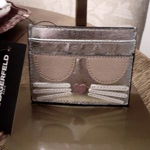 Karl Lagerfeld Paris Women's Case Credit Card Holder, Biege/Metallic Silver NWT